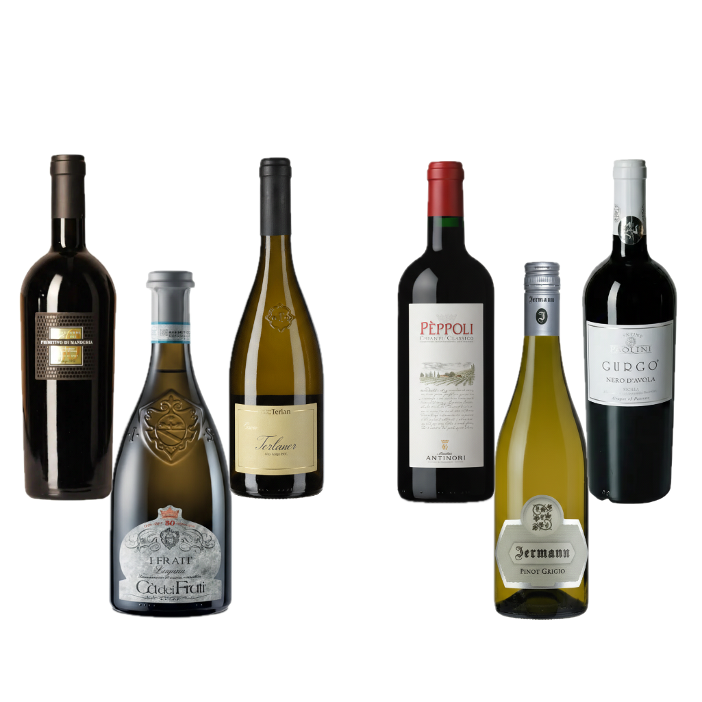 Abbildungen von einem italienischen Weinpaket 6 verschiedener Weine