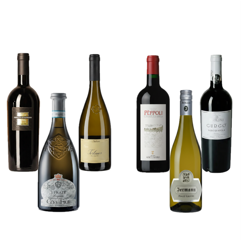 Abbildungen von einem italienischen Weinpaket 6 verschiedener Weine