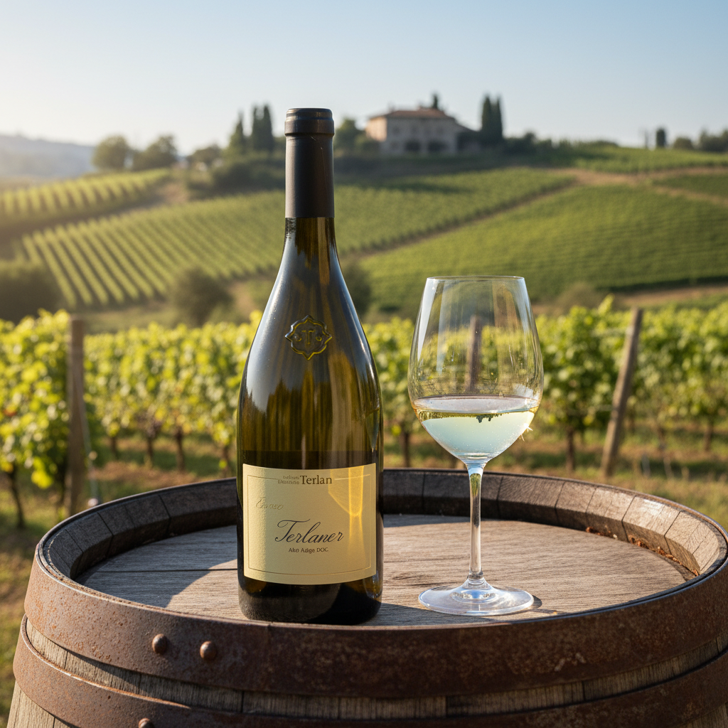 Kellerei Terlan Sauvignon Winkl - eine Flasche italienischer Weißwein - Lifestyle Bild auf Weinfass